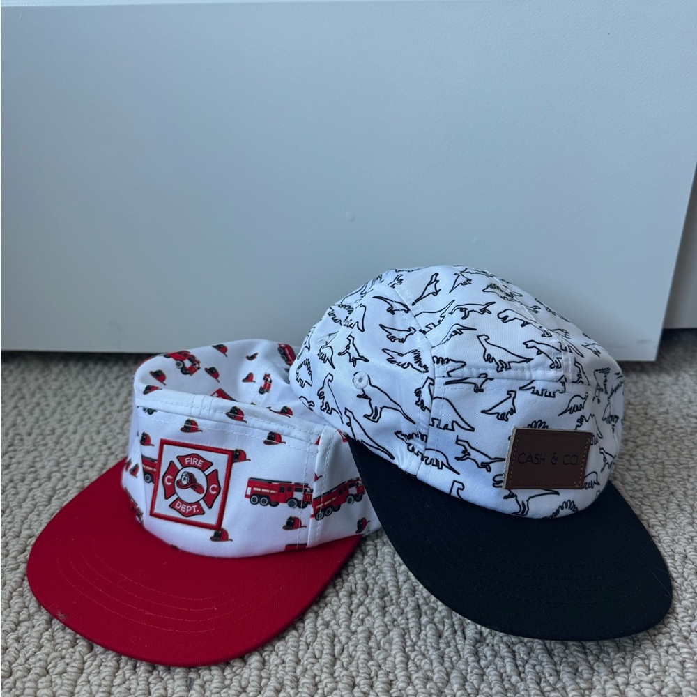 Cash and Co Kids Dinosaur and Fire Truck Caps - Red, Black, and White